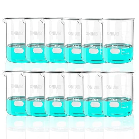 ONiLAB Scientific Glass Beakers Shot Glass, 50ml, 3.3 Borosilicate Griffin Low Form, Pack of 12