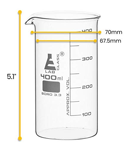 EISCO Beaker, 400ml - Tall Form with Spout - White, 50ml Graduations - Borosilicate 3.3 Glass