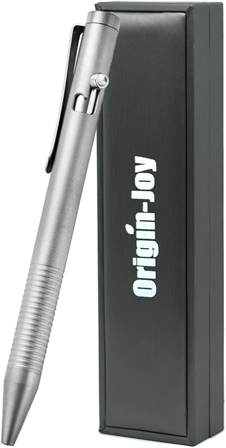 Titanium Alloy Bolt Action Pen, Slim Lightweight EDC Pocket Tactical Pen with 5 Ballpoint Refills, Metallic