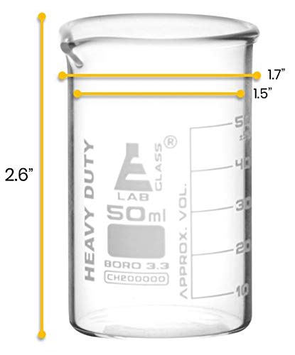 EISCO Heavy Duty Beaker, 50ml, 2.2mm Thick, Borosilicate 3.3 Glass with White Graduations for Superior Durability