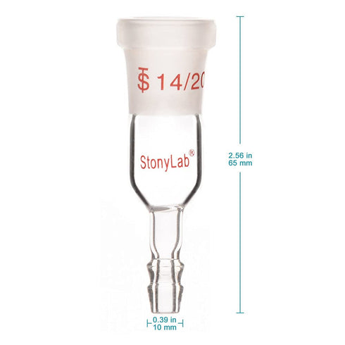 StonyLab Glass Straight Inlet Adapter with 14/20 Female Glass Joint Outer Joint and 8mm ID 12mm OD Hose Connection Lab Glassware
