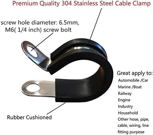 LTI Universal 10 Pack 1/2 inch Stainless Steel Cable Clamp, Rubber Cushioned Insulated Clamp, Metal Clamp, Tube Holder Fastener for Tube, Pipe or Wire Cord Installation (10pcs 1/2")