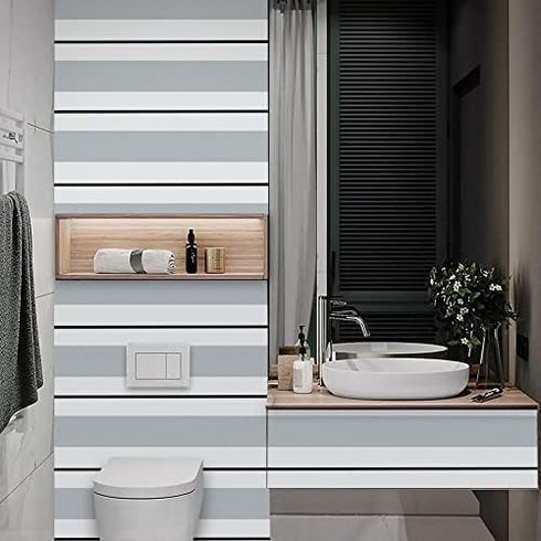 F1340-3 Stripe Peel and Stick Wallpaper 17.7" x 9.8ft, Silver White/Black Removable Self-Adhesive Contact Paper