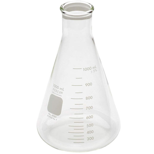 PYREX Narrow Mouth Erlenmeyer Flasks, 1L, Heavy Duty Rim