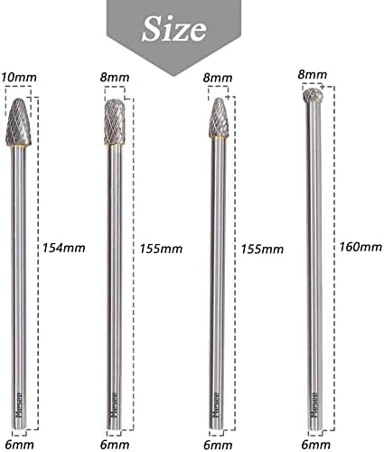 Mesee 4Pcs Tungsten Carbide Rotary Burr Set, 6-Inch Long Rotating Tools Kit with 6mm Shank for DIY Woodworking/Metal