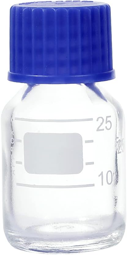 Moonetto 10 Pieces 25ml Graduated Round Glass Bottles, Solvent Jars with GL25 Blue Polypropylene Cap