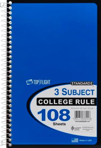 Top Flight Standards 3-Subject Wirebound Notebook, 108 Sheets, College Rule, 9.5 x 6 Inches, 1 Notebook, Cover Color May Vary (33601) by Top Flight