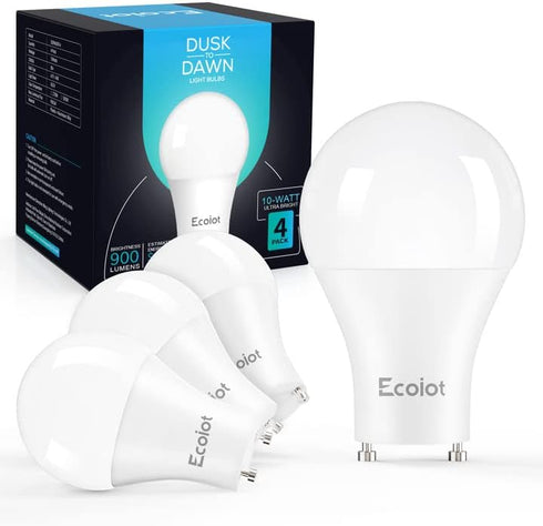 GU24 Dusk to Dawn Outdoor Light Bulbs, Light Sensor A19 LED, Automatic On/Off, 10-Watt (90-Watt Equivalent), 4 Pack