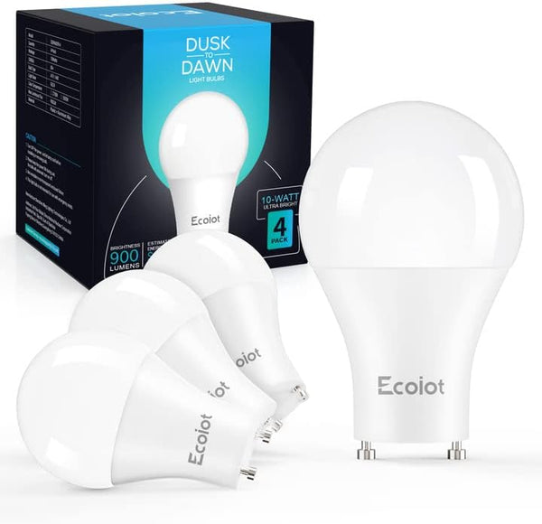 GU24 Dusk to Dawn Outdoor Light Bulbs, Light Sensor A19 LED, Automatic On/Off, 10-Watt (90-Watt Equivalent), 4 Pack