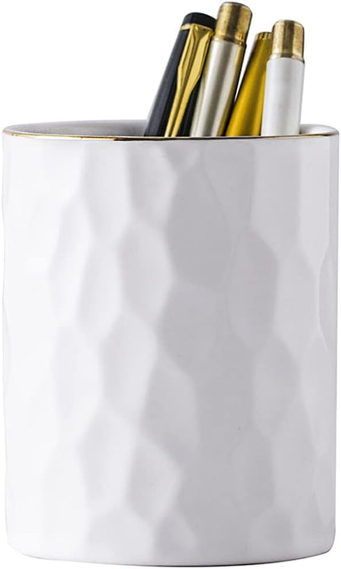 Ceramic Round Irregular Pen Holder for Desk, Cute White Makeup Brush Organizer
