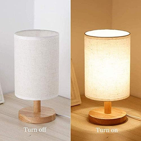 Senmubery Round Bedside Table Lamp Nightstand Lamp with Fabric Shade and Solid Wood for Bedroom, Living Room Modern