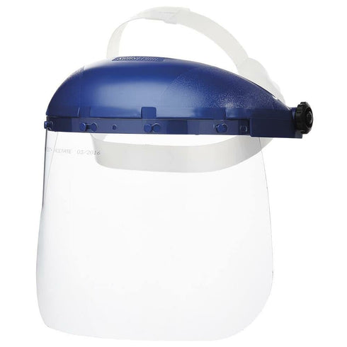 Single Crown Safety Face Shield with Pin-Lock Headgear, Polycarbonate Window, Clear Tint, Sta-Clear Anti-Fog Coating, Blue Crown