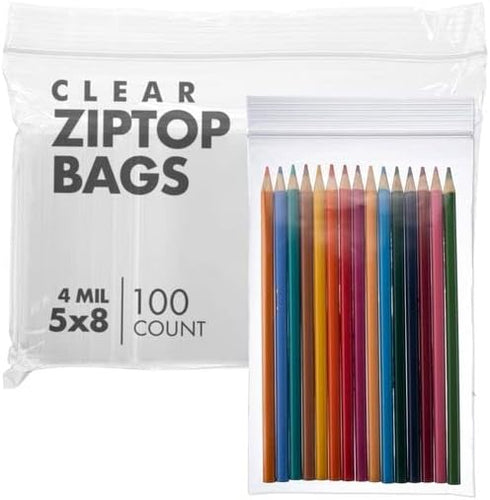 Reclosable Poly Zip Top Bags, 5" x 8" (100 Count), 4 Mil Resealable Plastic Bags for Crafts