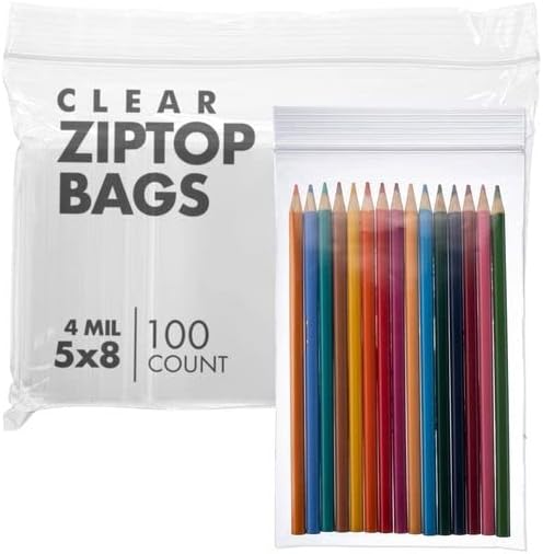 Reclosable Poly Zip Top Bags, 5" x 8" (100 Count), 4 Mil Resealable Plastic Bags for Crafts