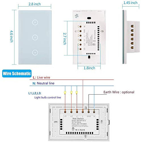 Jinvoo WiFi Wall Light Touch Panel Switch, 2.4GHz WiFi Light Switch Smartphone Remote Control, Remote Control Smart Life/Doodle App, Timer, Alexa Compatible, and Google Home White 3 Gang