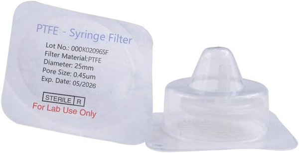 Sterile Syringe Filter PTFE Hydrophilic Filtration 0.45 um Pore Size, 25 mm Membrane Diameter, Individually Packed 20/pk