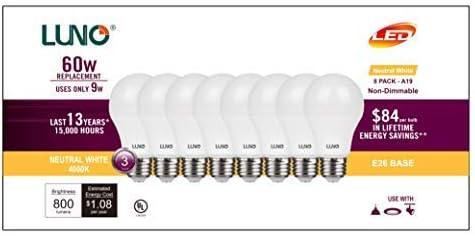 LUNO A19 Non-Dimmable LED Bulb, 9.0W (60W Equivalent), 800 Lumens, 4000K (Neutral White), Medium Base (E26), UL Certified (8-Pack) by LUNO