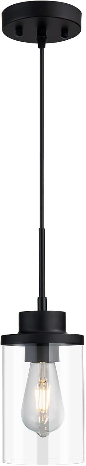 Modern Black Farmhouse Clear Glass Cylinder Pendant Light Fixture,Ceiling Hanging Metal Industrial