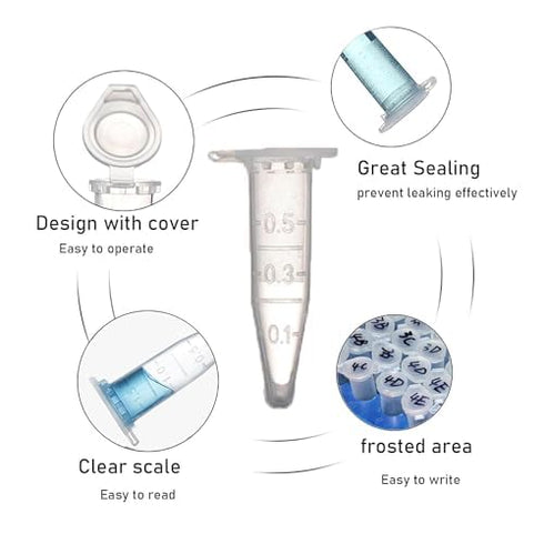 1000 PCS 0.5ml Microcentrifuge Tubes with Attached Lid, Clear Graduation Plastic Lab Snap Tubes (Bag Pack)