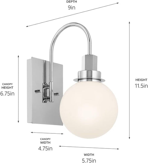 11.5 Inch 1 11.5x9x5.75 Kichler Hex Light Wall Sconce with Opal Glass in Chrome