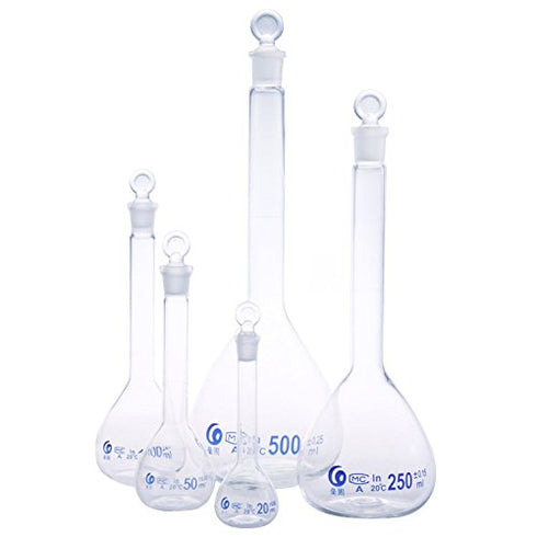 5ml Volumetric Flask with Grinding Stopper Class A Flat Bottom Printed Blue Graduations & Marking Spot, Borosilicate