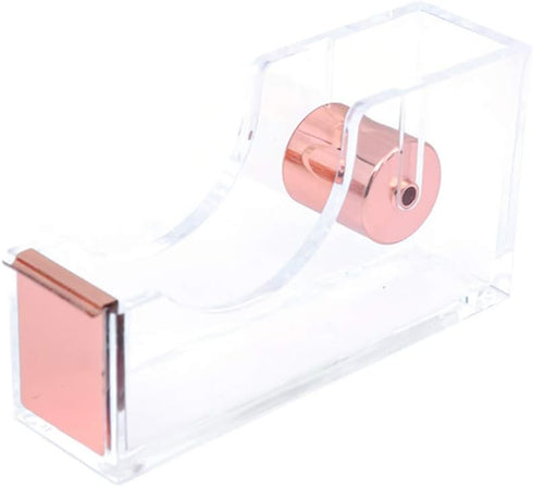 Rose Gold Tape Dispenser, Clear Acrylic Body, 1" Rosegold Metal Core, Desktop Holder for Office, School, Home, Gift