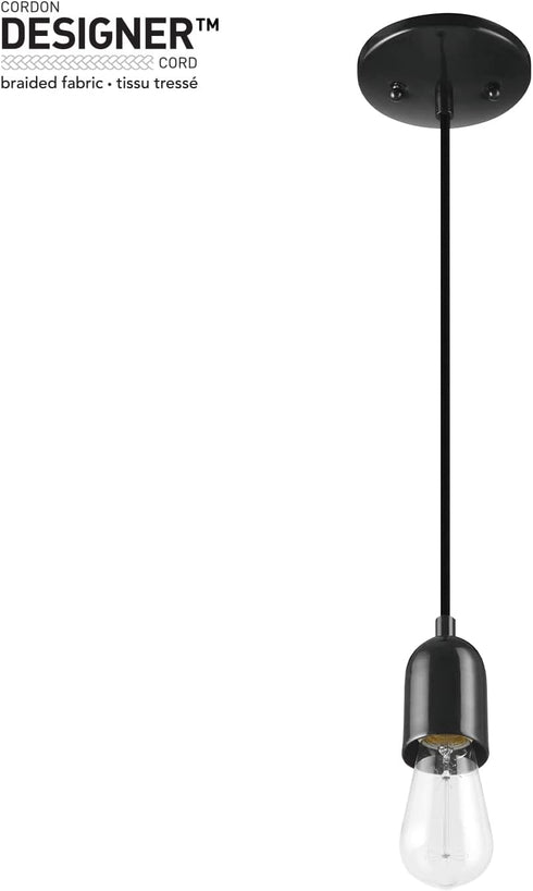 60614 1-Light GLOBE Electric x Novogratz Pendant Light Fixture, Glossy Black, Faux Ceramic Socket, Braided Fabric Cord
