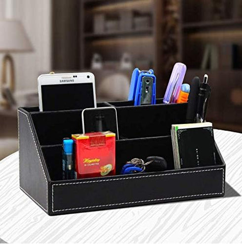 Black PU Leather Remote Controller Holder, Desk Caddy Stationery Organizer, L:9.45 x W:5.3 x H:4.3 inches