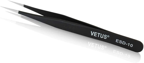 Vetus Anti-static SMD Black Tweezer, Non-magnetic Stainless Steel Pointed Tip ESD-10