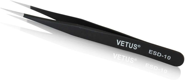 Vetus Anti-static SMD Black Tweezer, Non-magnetic Stainless Steel Pointed Tip ESD-10