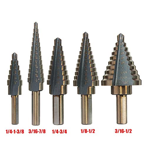 Zhushan 5pcs Step Drill Bit Set, High Speed HSS Cobalt Multiple Hole Sizes with Aluminum Case