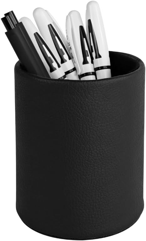 PU Leather Pen Pencil Holder Cup, Desk Organizer Stand for Brushes, Scissors, Office Home School (Black, 3.3" x 3.3" x