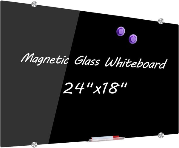 DEVELOP Magnetic Black Glass Dry Erase Board, 24 x 18 Inches, Small Frameless Wall Mounted Writing Whiteboard with 4