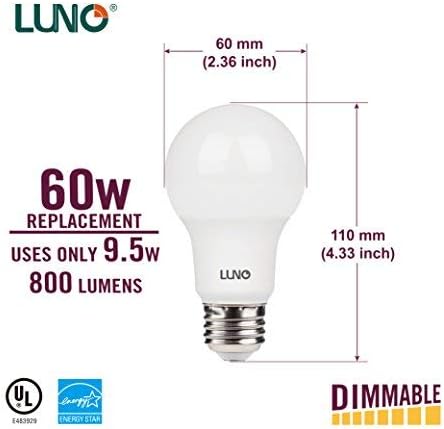 LUNO A19 Dimmable LED Bulb 9.5W (60W Equivalent), 800 Lumens, 4000K Neutral White, E26 (4-Pack)