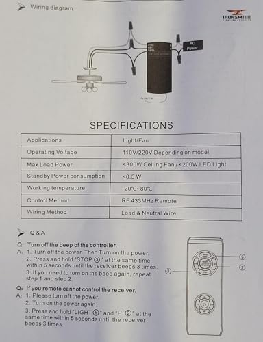 Ironsmith Lighting Products 3-in-1 Ceiling Fan Light Timing & Speed Remote Universal Ceiling Fan Remote Control Kit