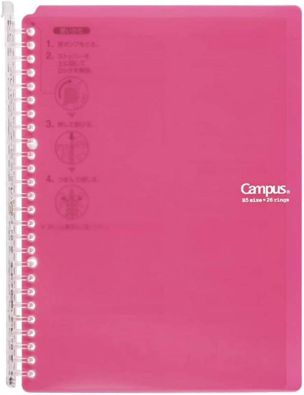 Kokuyo Campus Smart Ring Binder - B5 Pink Notebook Up to 60 Sheets, 26 Holes, Japan Import
