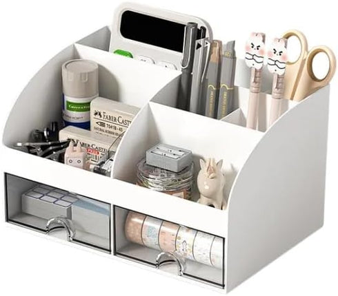 LA Bear White Desktop Organizer with Drawers for Office, Versatile Aesthetic Desk Organizer for Pens and Stationary