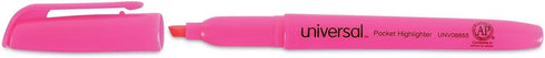 Universal Pocket Highlighters, Dozen, Fluorescent Pink Ink, Chisel Tip, Pink Barrel
