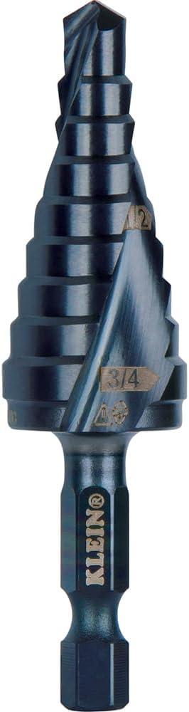 Klein Tools QRST03 Step Drill Bit, Quick Release Spiral Double-Fluted, 1/4 to 3/4-Inch, Hex Shank for Cutting Steel,