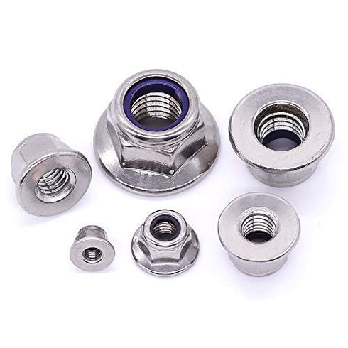 M8 x 1.25mm Flange Washer Nylon Insert Hex Locknuts - 10 PCS, 304 Stainless Steel 18-8, Bright Finish