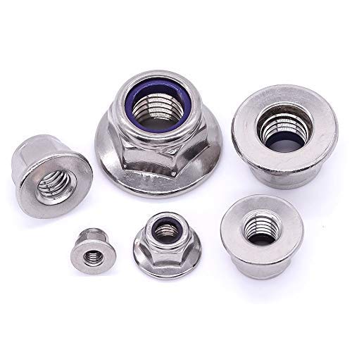 M8 x 1.25mm Flange Washer Nylon Insert Hex Locknuts - 10 PCS, 304 Stainless Steel 18-8, Bright Finish