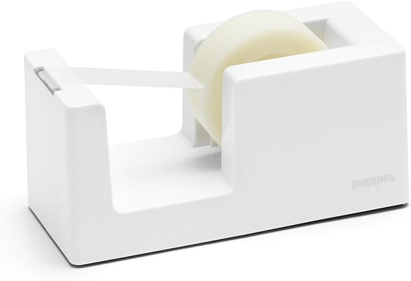 Poppin Desk Tape Dispenser - Stylish Non-Skid Weighted Base, Includes Roll of Tape (White)