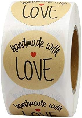 Hcode 1.5" Natural Kraft Handmade with Love Stickers, 500 Permanent Adhesive Labels Per Roll
