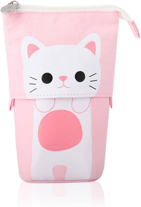 iSuperb Cute Cat Telescopic Pencil Pouch Case with Zipper, Canvas Stationery Box for Kids, 7.5 x 4.9 x 3.0 inch