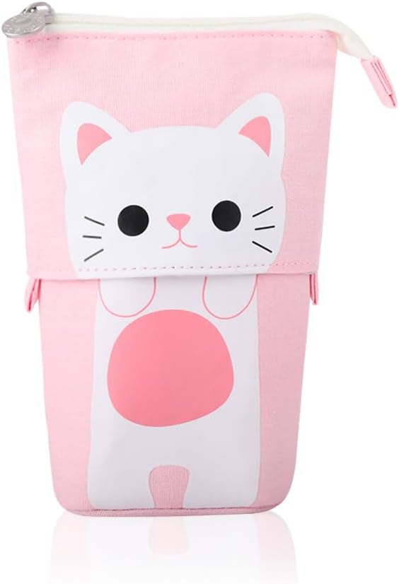 iSuperb Cute Cat Telescopic Pencil Pouch Case with Zipper, Canvas Stationery Box for Kids, 7.5 x 4.9 x 3.0 inch