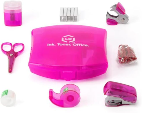 LD Products Pink Mini Office Supply Kit, Portable Case with Scissors, Tape Dispenser, and Mini Stapler