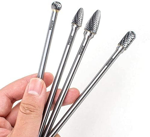 Mesee 4Pcs Tungsten Carbide Rotary Burr Set, 6-Inch Long Rotating Tools Kit with 6mm Shank for DIY Woodworking/Metal