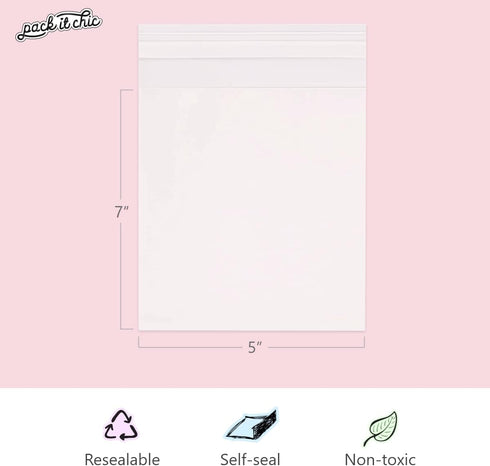 Pack It Chic - 5” X 7” (200 Pack) Clear Resealable Cello Poly Bags for 5X7 Prints, Photos, A2 A4 A6 Cards & Envelopes