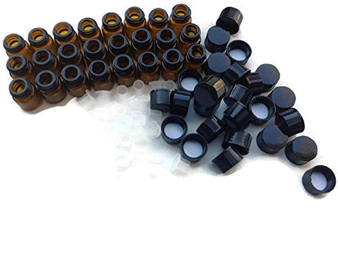 1/4 Dram (1ml) AMBER Glass Vial (144) - Flat Black Screw Cap with Orifice Reducer and Seal - Pack of 144