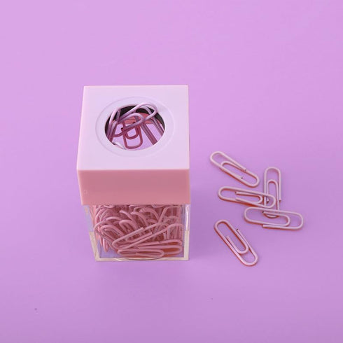 Pink Paper Clip Dispenser Holder, Clear Acrylic Organizer with Top for Cute Office and School Supplies